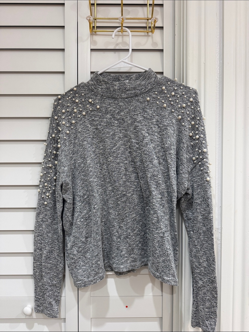 H&M Gray Pearl-Embellished Mock Neck Sweater